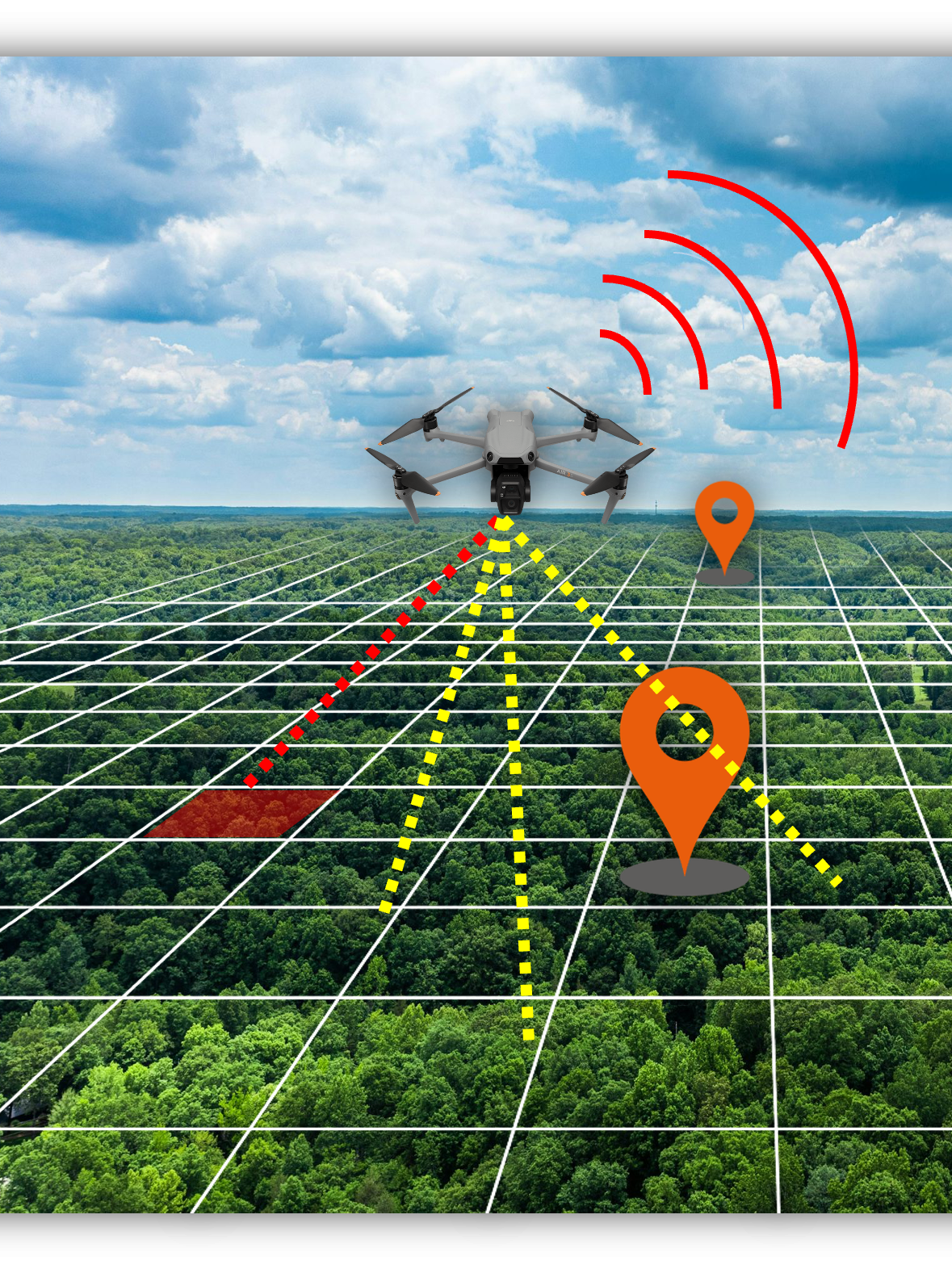 An aerial drone image teeming with key points over a dense forest.