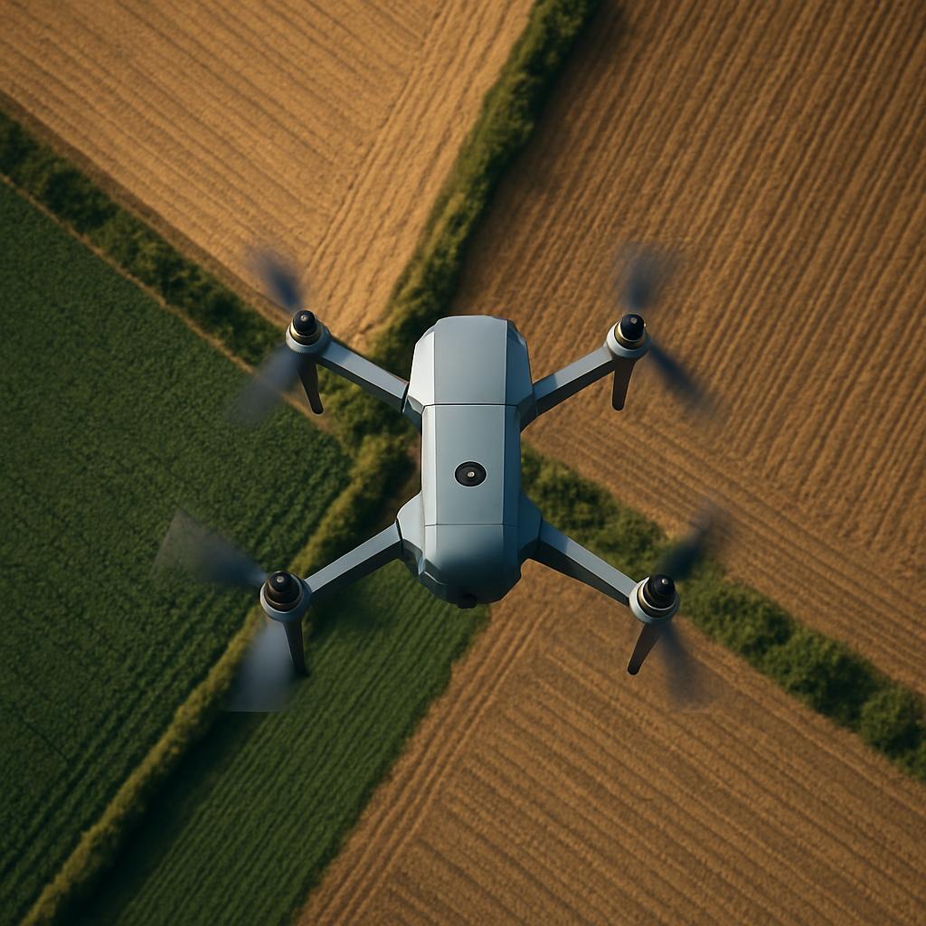 A small, four-rotor drone flying over fields of corn. The drone is gray with black blades, and its six rotors are spinning...