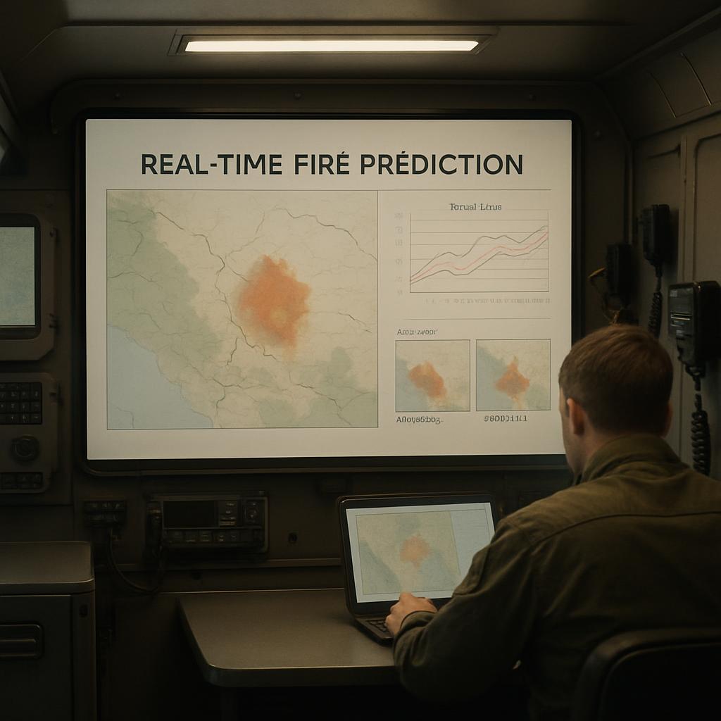 A man in a military setting uses a large screen displaying real-time fire prediction data, sitting at a desk with a laptop...