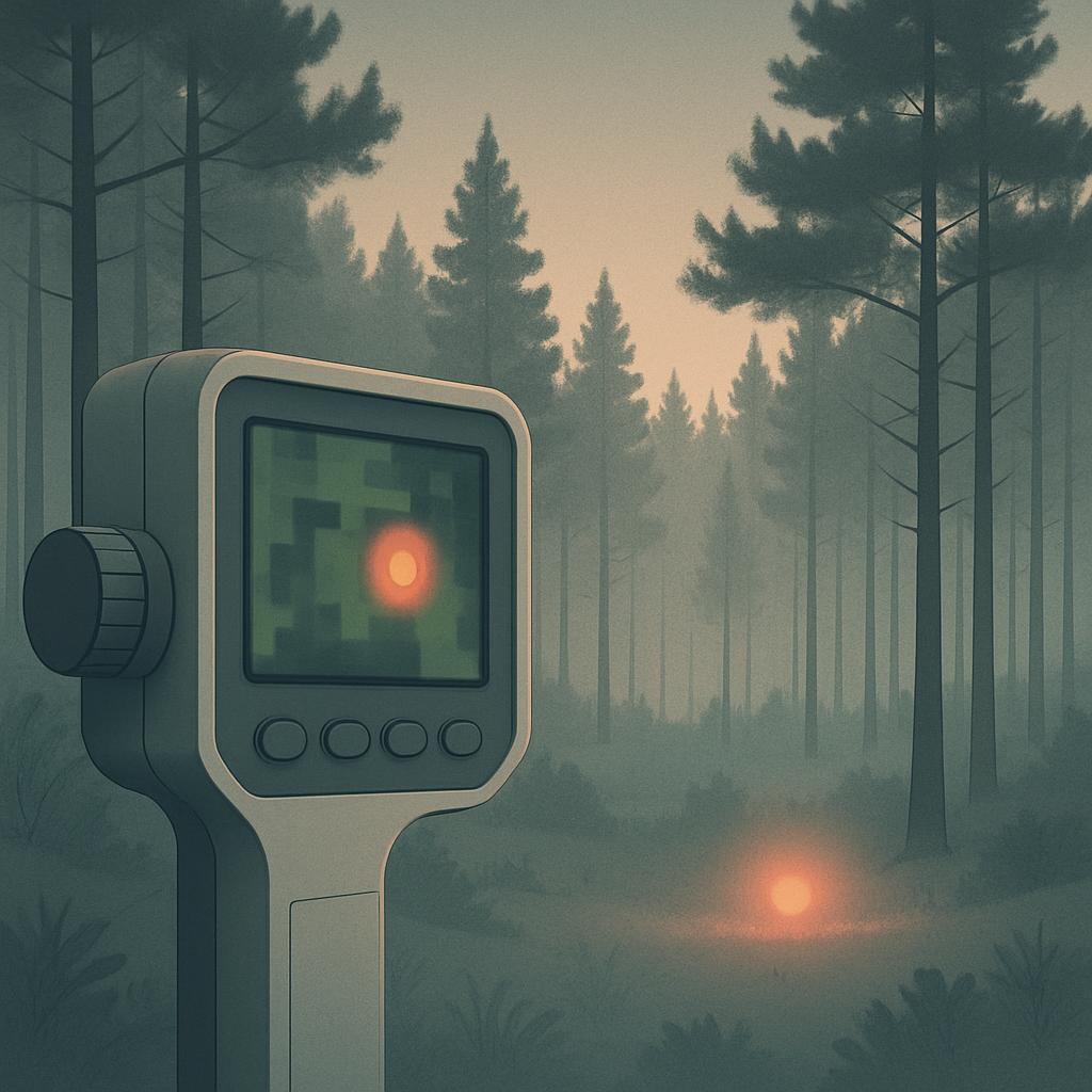 Apocalyptic landscape with a pixelated screen in the foreground, depicting a forest scene with a setting sun.